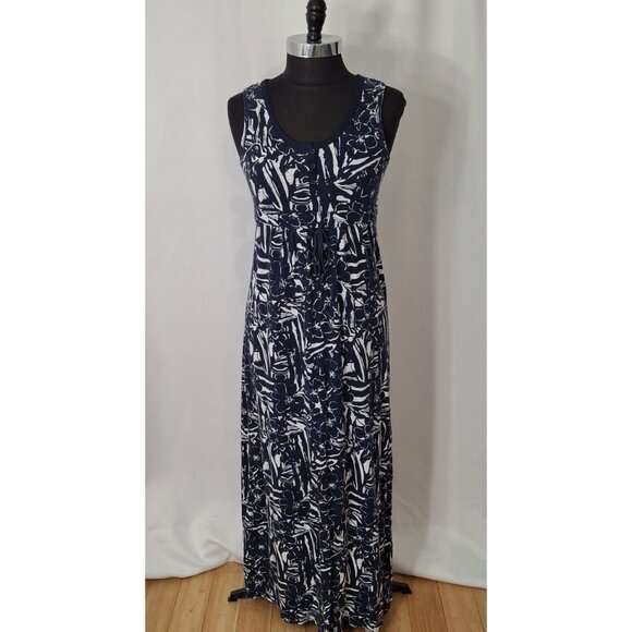Eddie Bauer Beachy Maxi Blue Geo Print Empire High Waist Cool Cotton Dress Sz M - Picture 1 of 14